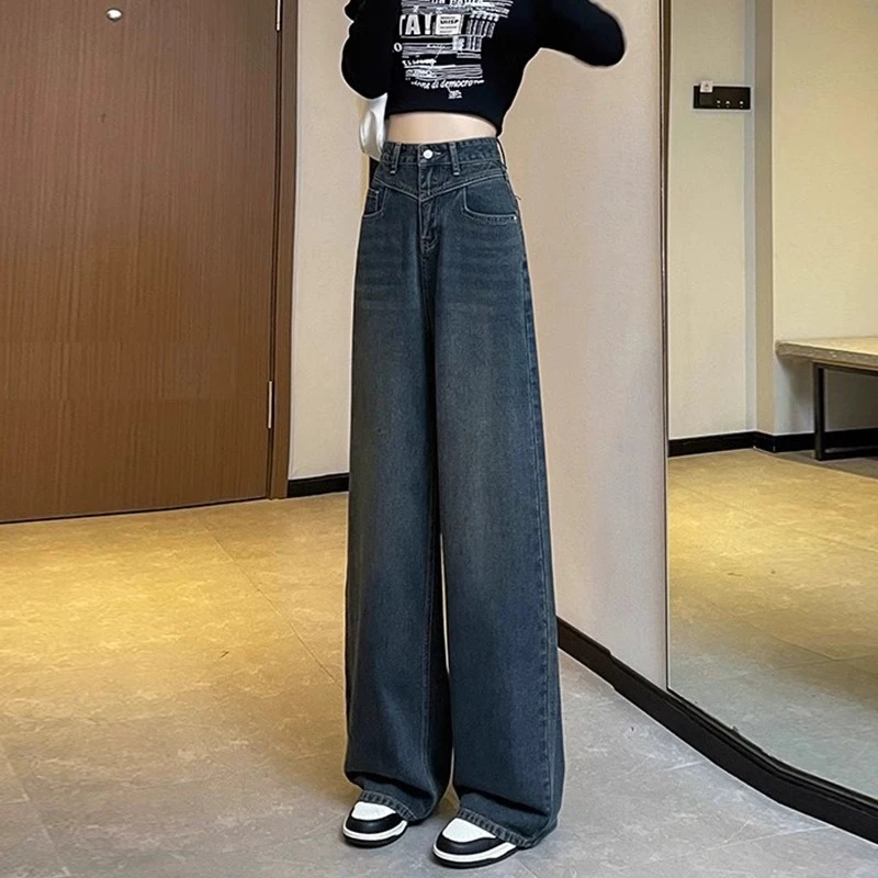 水泥灰直筒牛仔裤女2025年春季新款复古港风显瘦垂感阔腿拖地裤子