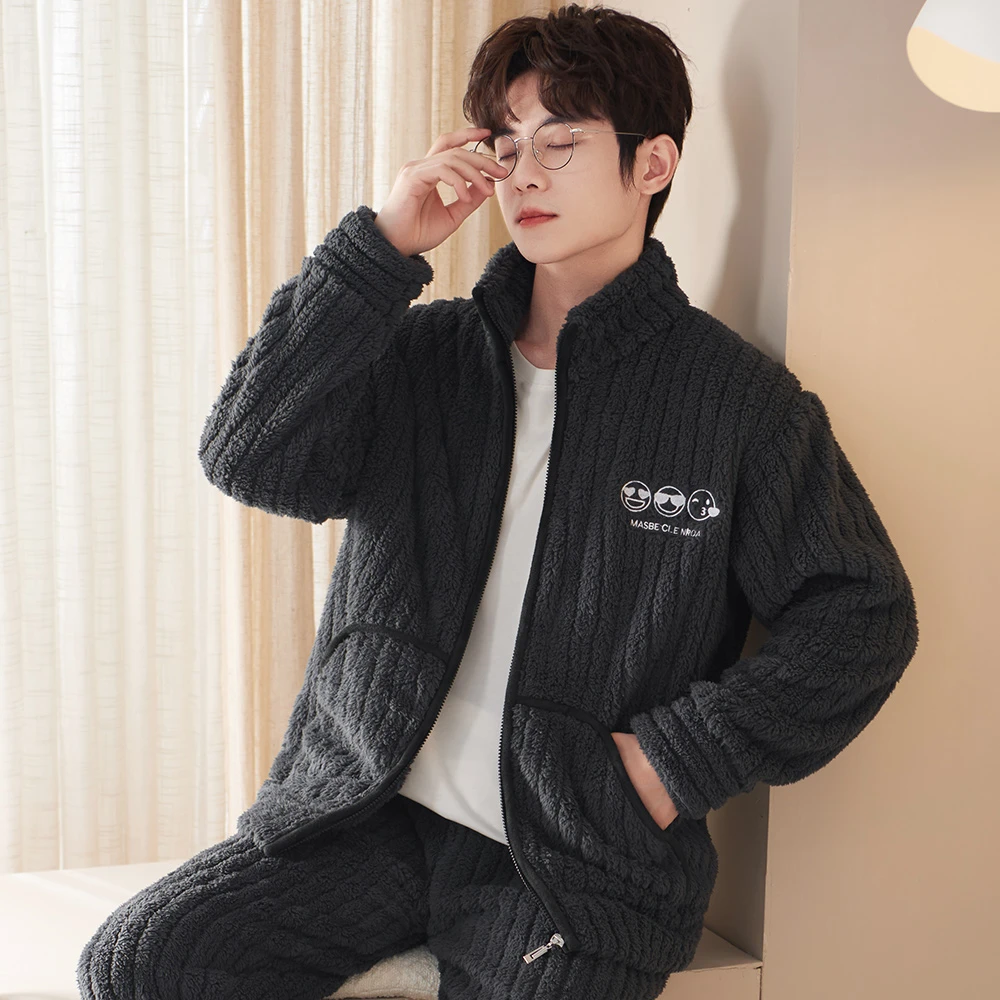 睡衣男秋冬加厚加绒法兰绒套装珊瑚绒家居服开衫拉链大码保暖冬装