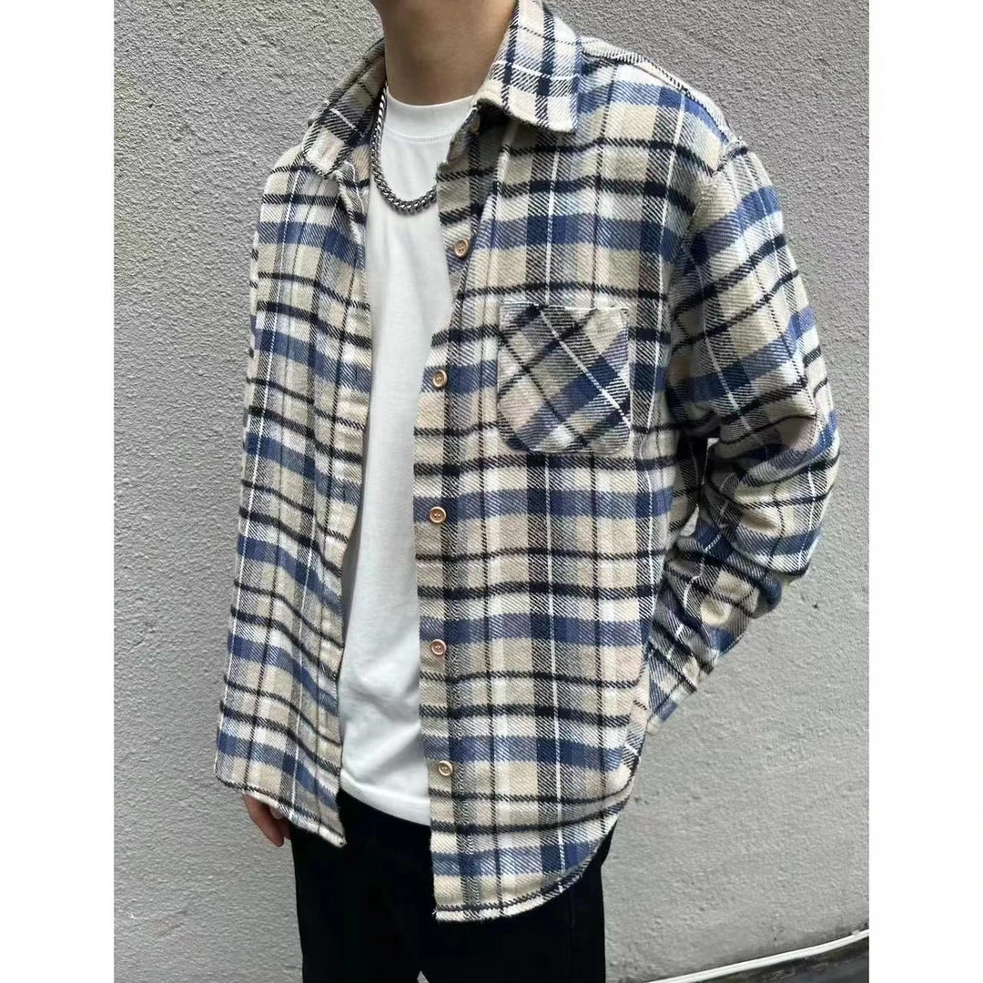 水洗磨毛亲肤柔软 秋季新款男士格子休闲长袖衬衫百搭宽松衬衣ins