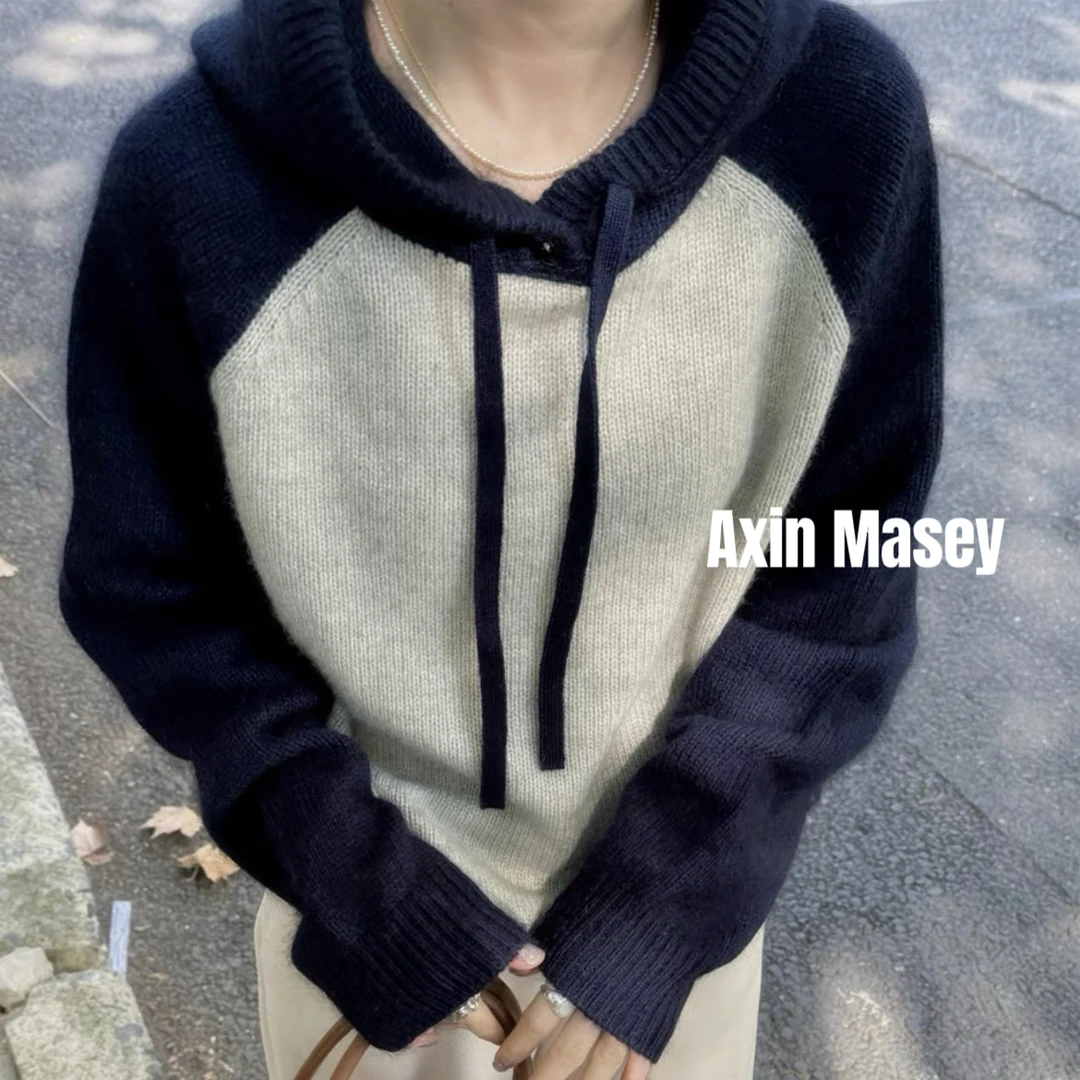 阿欣家~藏青插肩连帽  宽松撞色针织套头带帽毛衣Z00751