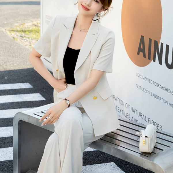 9581蓝色短袖西装套装女气质时尚通勤系带金扣薄款修身西服两件套