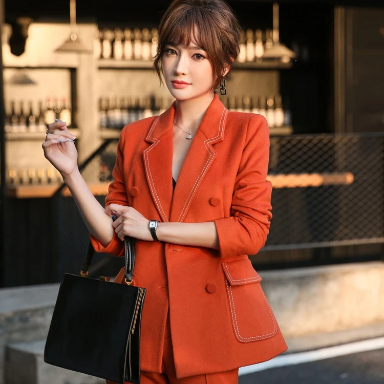 时髦有型冬装新款高端羊绒套装女橘色羊毛呢职业西装修身外套女