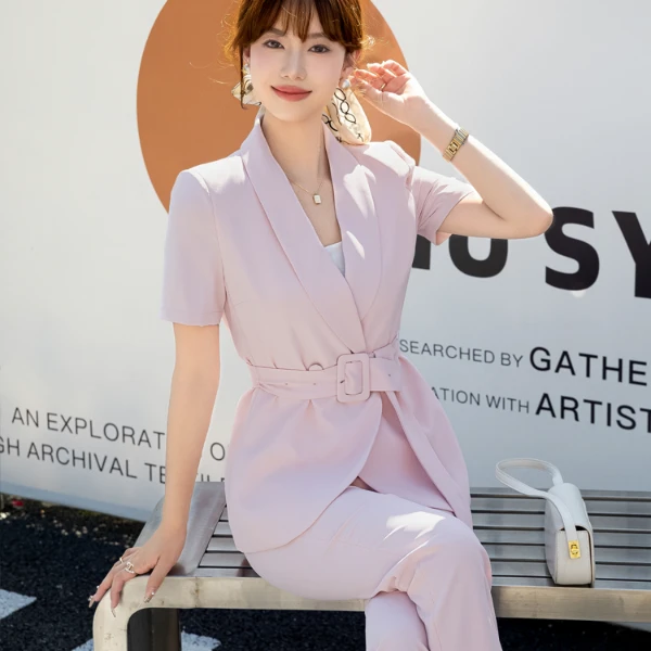 9151夏季短袖系带西装裸粉色减龄收腰显瘦薄款西服九分裤OL两件套