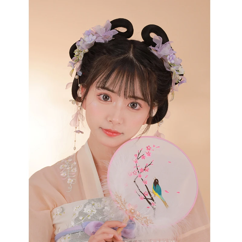 汉服头饰古风配饰紫色绢花对夹发夹流苏步摇簪花侧边夹古装发饰女