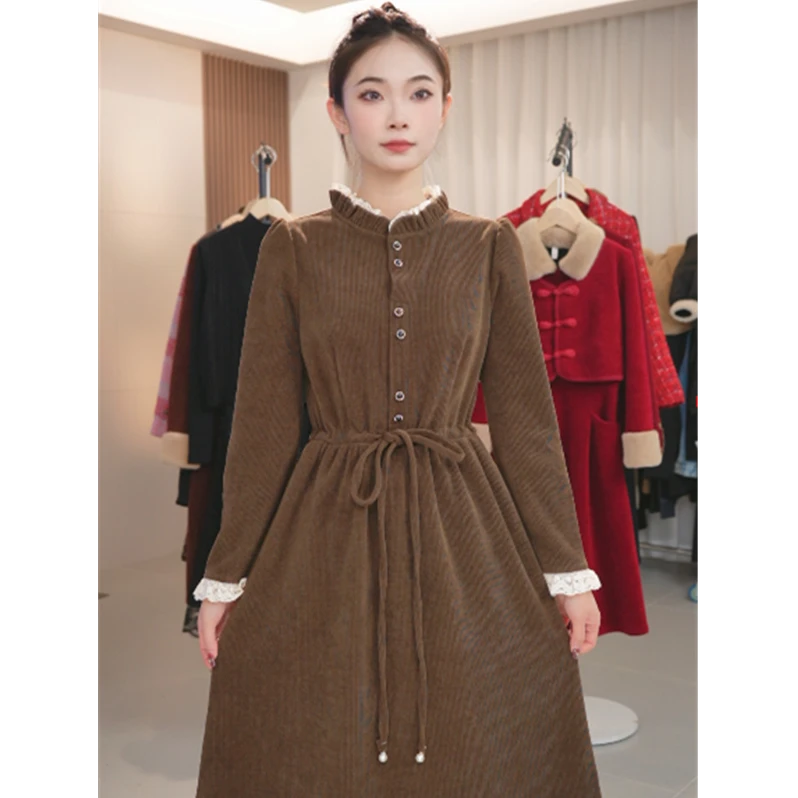 Y1267咖色连衣裙女2024年冬季新款中年装潮收腰显瘦中长款裙子