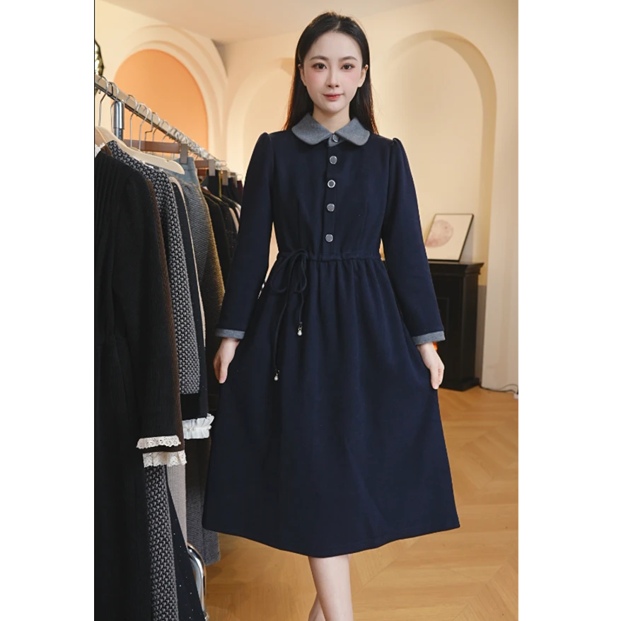 Y1629简约时尚气质连衣裙女冬季新款小个子高端精致中长裙子