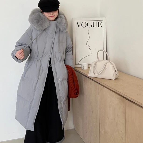 Y6606原创新品超大真狐狸毛领加厚韩系长款90新国标白鸭绒