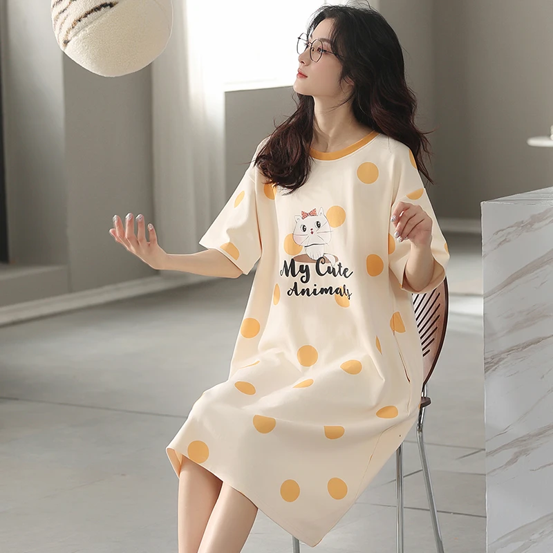 睡裙女夏季纯棉短袖中长款连衣裙可爱卡通休闲女士家居服2024新款