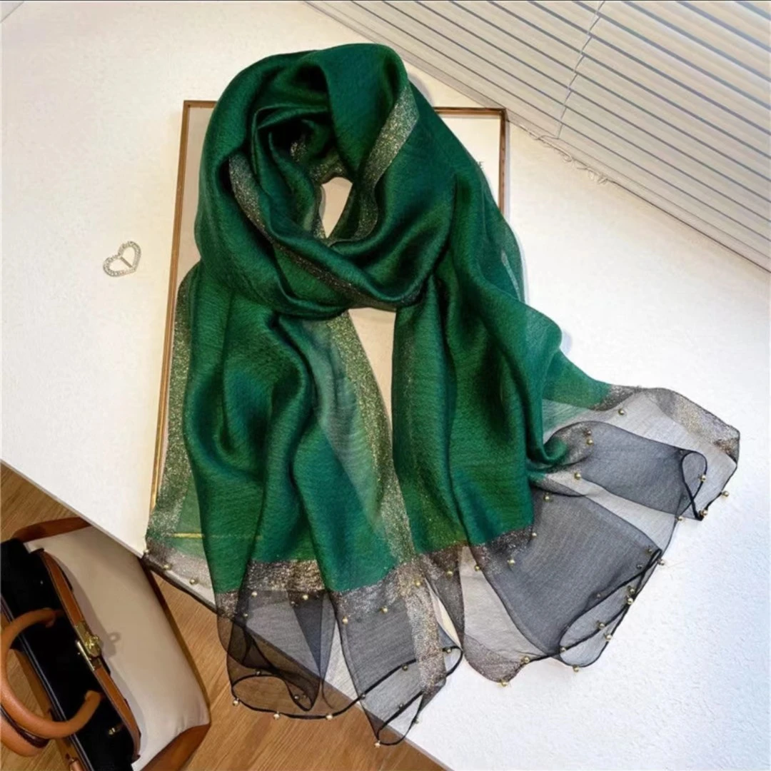 S-34-13 主播同款桑蚕丝羊毛祖母绿65x175左右钉珠款围巾