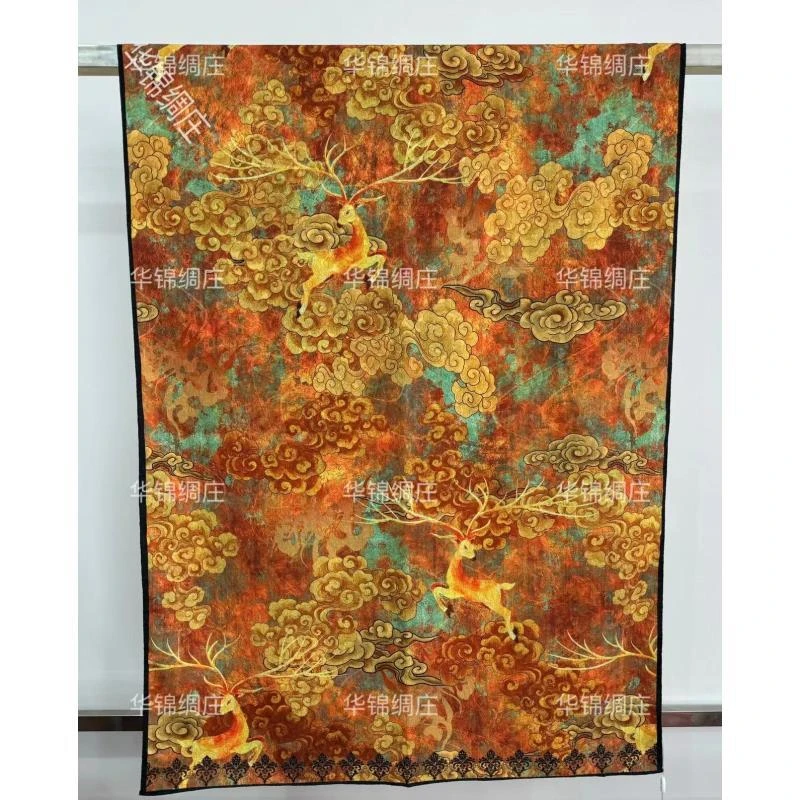 K(绿扣)xys-204【鹿踏祥云】新中式冠乐皱轻奢高定国风丝巾70*180