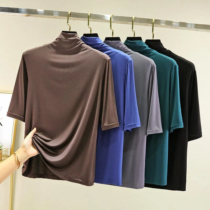五分袖半高领T恤女夏莫代尔修身内搭中袖打底衫大码纯色百搭上衣