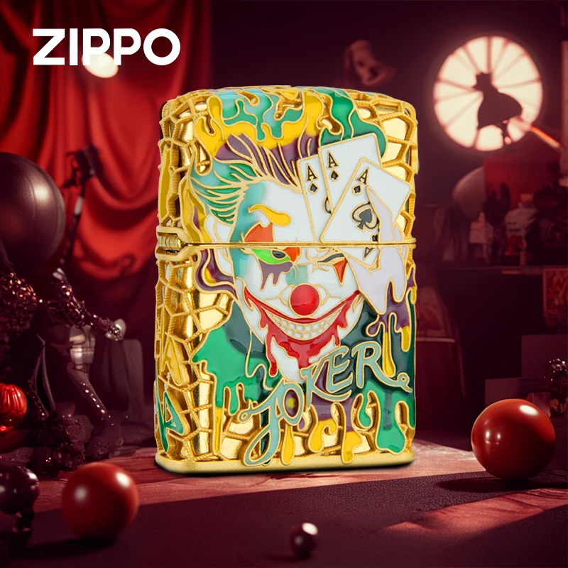 zippo打火机夜光小丑正品镂空送礼高档防风金色个性打火机DYH1X1