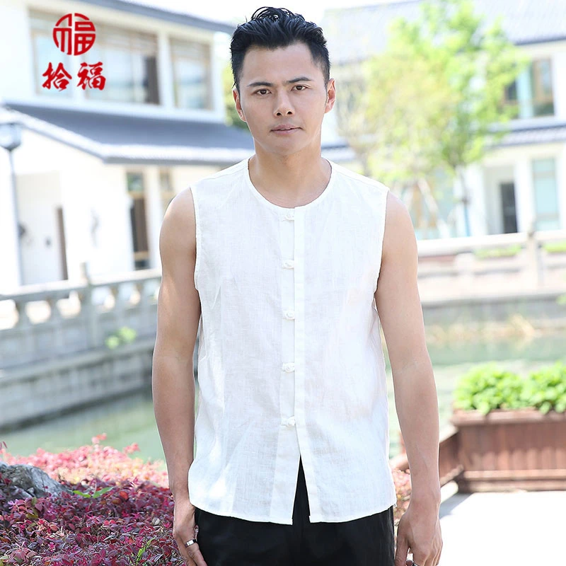 100%纯亚麻背心男士唐装马甲夏季纯色薄款盘口马褂中国风坎肩开衫