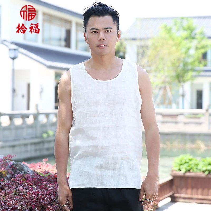 100%亚麻男士夏季无袖纯麻布纯色中国风休闲宽松背心汗衫透气上衣