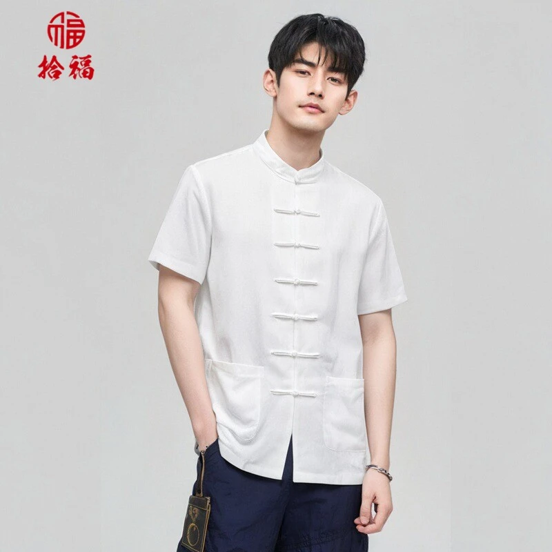 100%亚麻唐装衬衫短袖套装男装宽松中国风夏季薄款棉麻休闲两件套