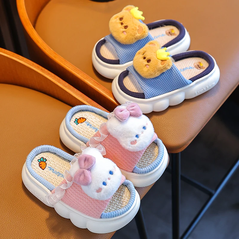 儿童亚麻拖鞋四季室内防滑厚底透气亲子居家宝宝地板卡通吸汗立体