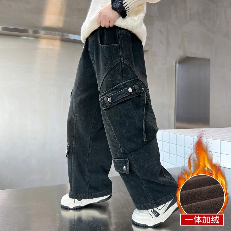 儿童装男童加绒裤子秋冬2024新款牛仔裤保暖男孩加厚冬装中大童潮