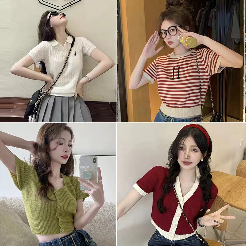 龙龙 高腰修身露脐辣妹短款小个子短袖针织上衣夏季小众显瘦