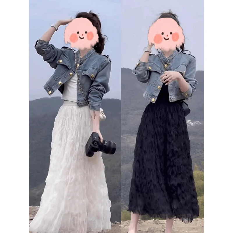 女网红服装套装秋游外套半身裙整套女装洋气牛仔套装外套女款穿搭