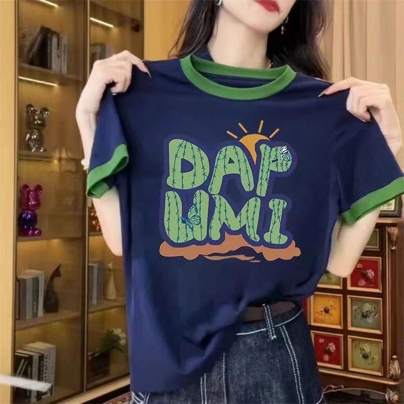 夏季少女撞色炸街短袖t恤女2025新款爆款拼接韩版宽松体恤上衣潮