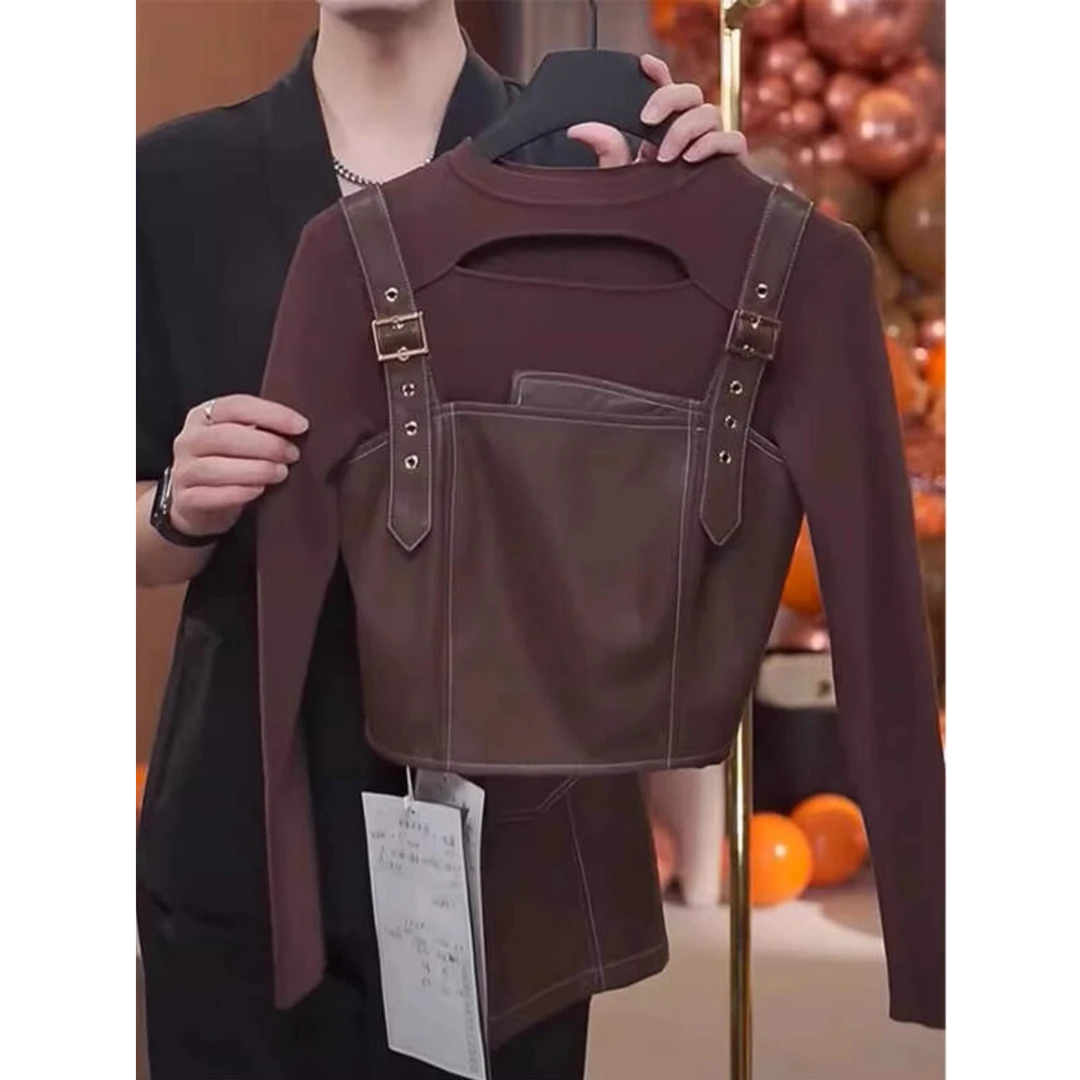 设计复古百褶短裙百搭吊带休闲上衣三件套2025秋冬牛仔时尚套装潮