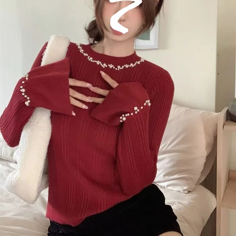 【白灵专属】2880#绝美钉珠高级打底衫喇叭袖针织衫内搭修身毛衣