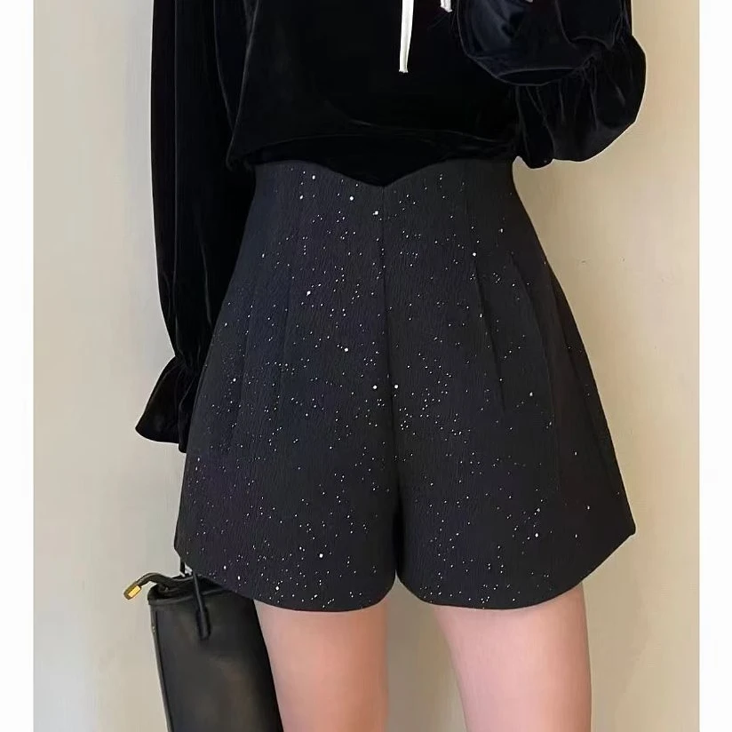 8795#黑色闪闪亮片毛呢短裤女秋冬季高级感加厚靴裤休闲a字阔腿裤