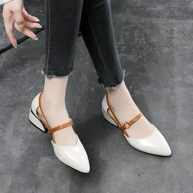 品牌断码夏季包跟尖头凉鞋女2024新中空单鞋春秋中跟粗时尚工作鞋