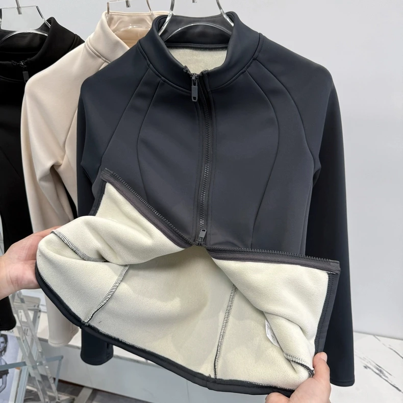 秋冬显瘦修身保暖加绒运动外套女健身服立领夹克拉链上衣瑜伽长袖
