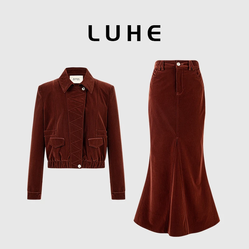 LUHE【安可拉】du家定制 皇家平绒复古夹克外套+鱼尾半裙