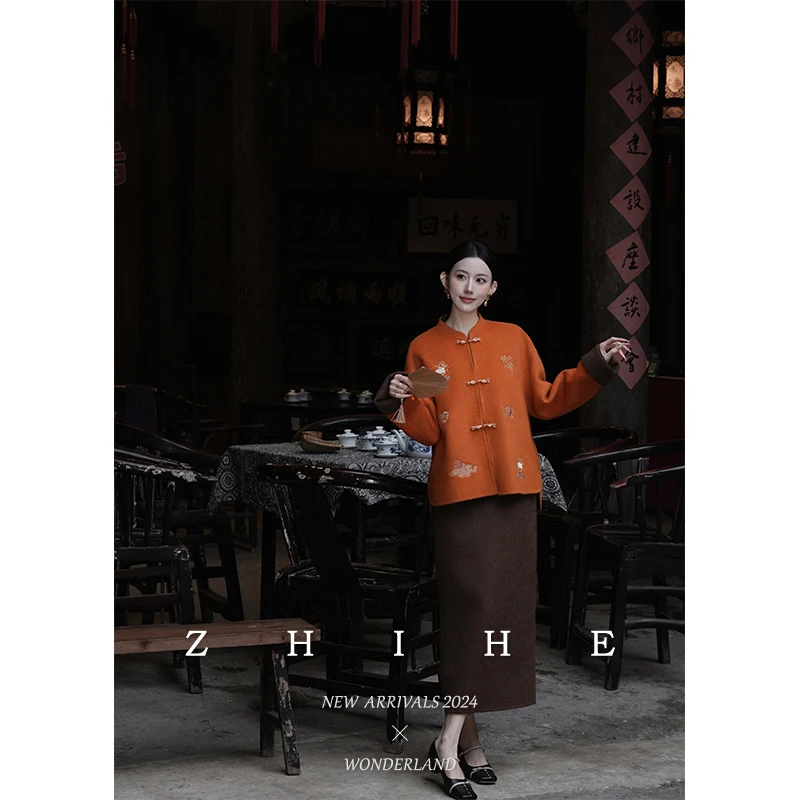 至禾Wonderland【柿柿如意】手工坊双色100羊毛刺绣双面呢大衣+半裙