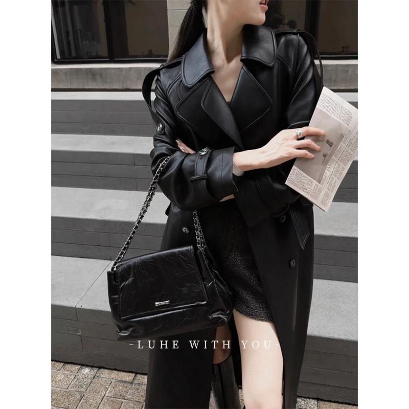 LUHE【黑天鹅骑士】hehe私服~原创酷飒机车皮衣翻领长款外套