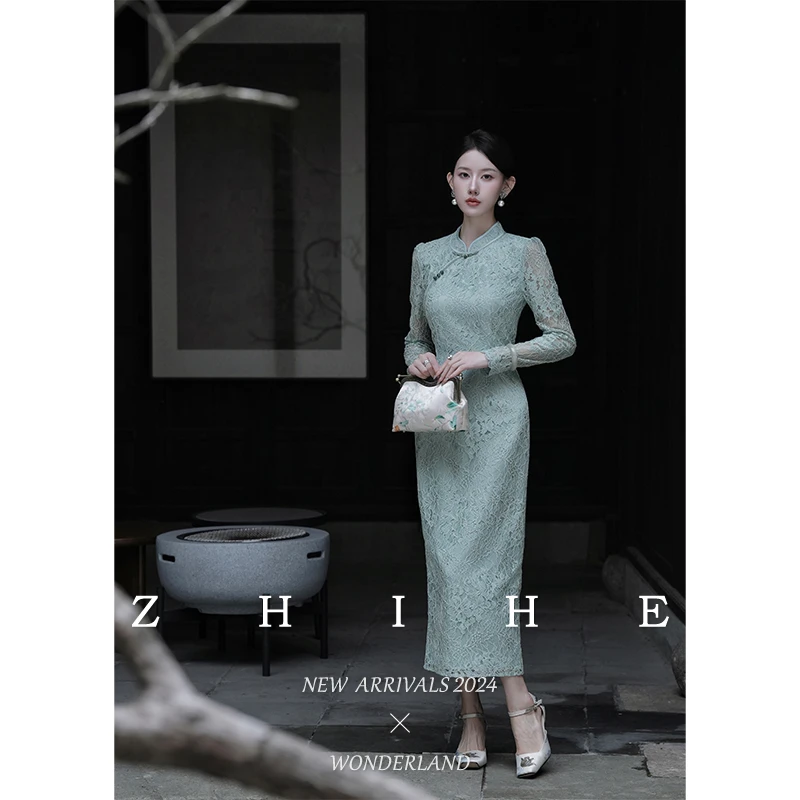 至禾Wonderland【孤舟】du家定制新中式重工蕾丝立领旗袍连衣裙