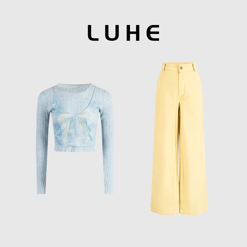 LUHE【冰岛海岸】hehe私服~绵羊毛彩色印花针织衫+牛仔裤