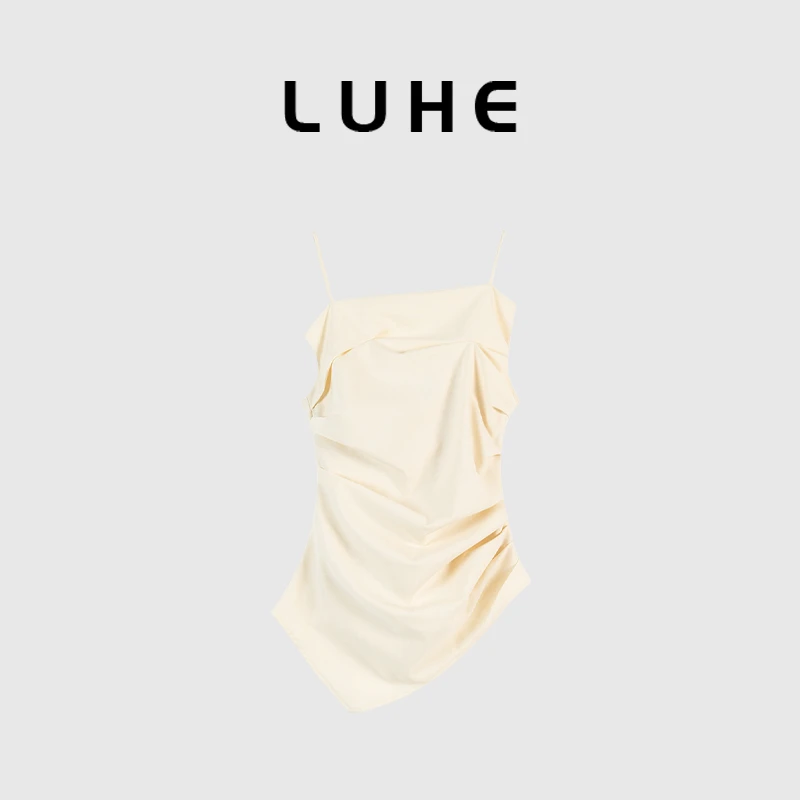 LUHE【云朵奶芙】前卫小众设计款 斜纹西装料抽褶不规则吊带