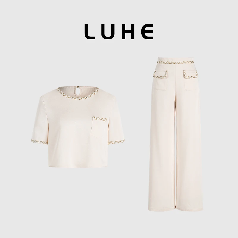LUHE【清欢白茶】hehe—雅致柔美私服手工织带镶边小香风上衣+阔腿裤