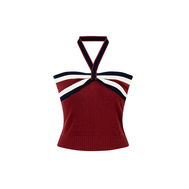 LUHE【波尔多红】转运红100羊毛吊带针织衫+纯棉牛仔裤