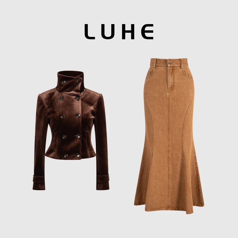 LUHE【太妃暖茶】hehe私服~静奢美拉德韩国绒外套+牛仔半裙