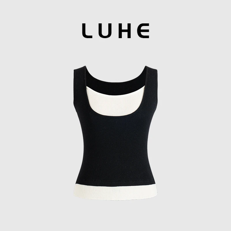 LUHE【奥利奥2.0】裸肤挚爱系列-30绵羊毛假两件层次感黑白针织背心