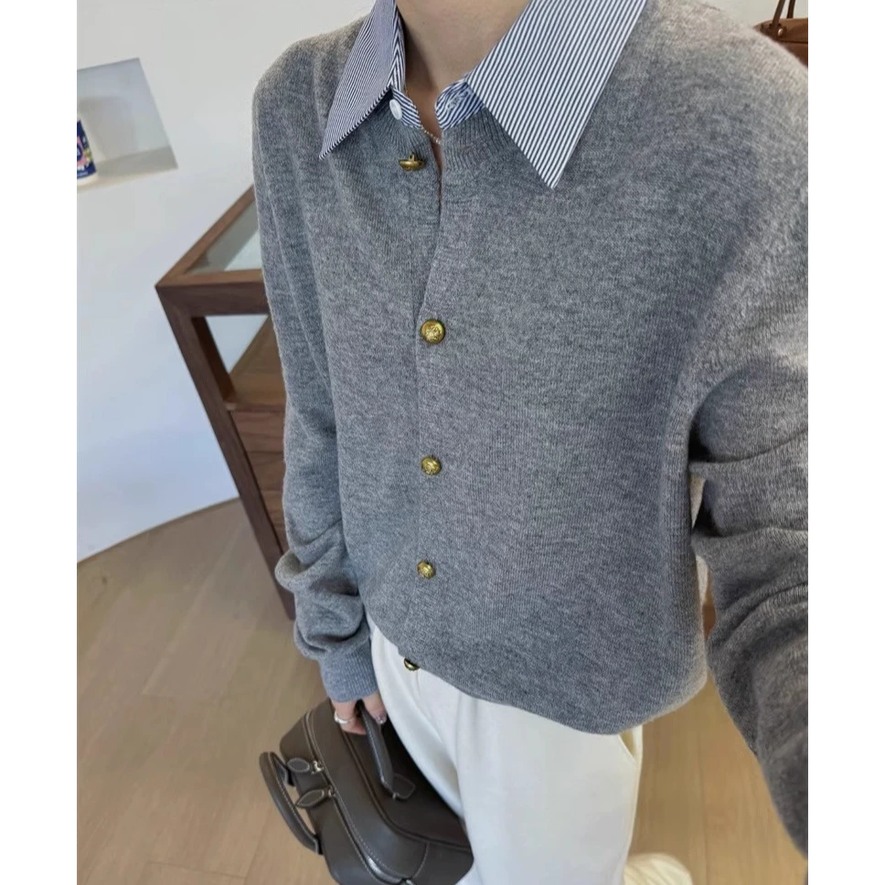 3555假两件条纹叠穿设计感小众休闲衬衫秋季新款休闲上衣