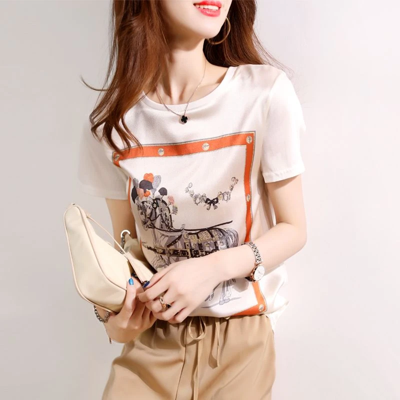 1000夏季丝滑缎面冰凉感女半袖T恤洋气AB拼接短袖