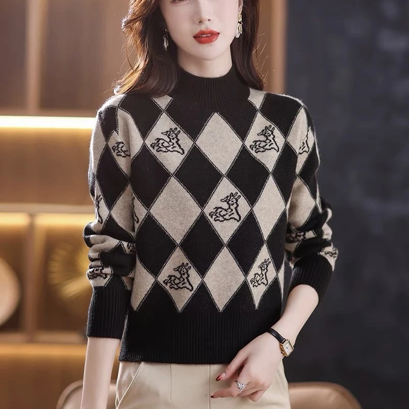 5030小鹿提花时尚套头针织衫秋冬款半高领棋盘格洋气宽松百搭毛衣