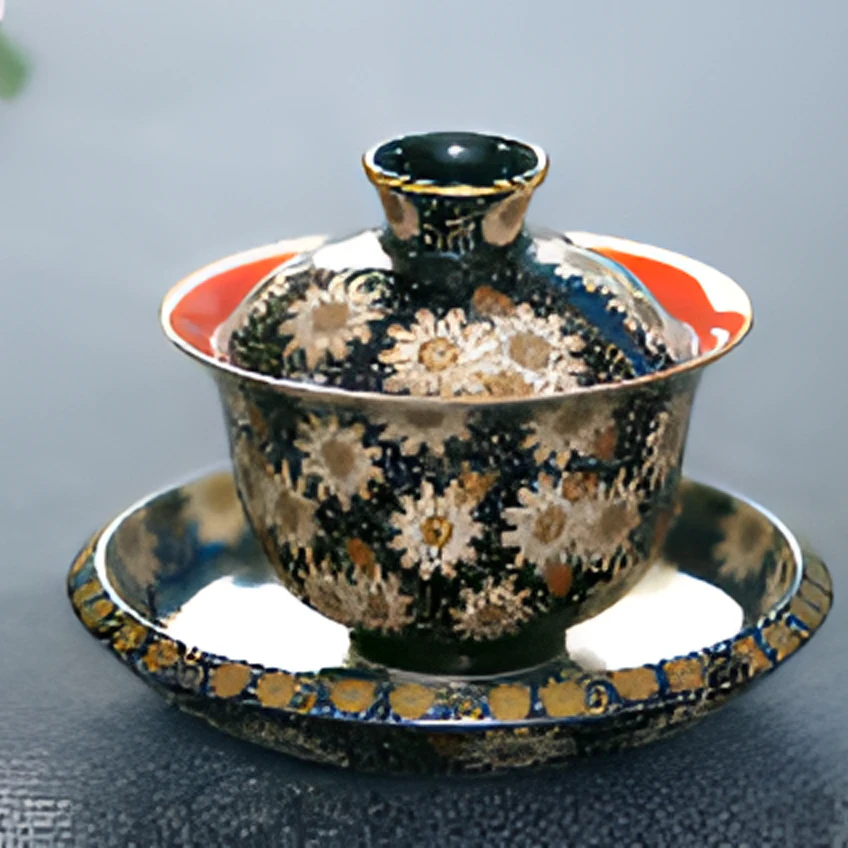 非遗茶空间 珐琅彩黑地小雏菊内红釉三才盖碗