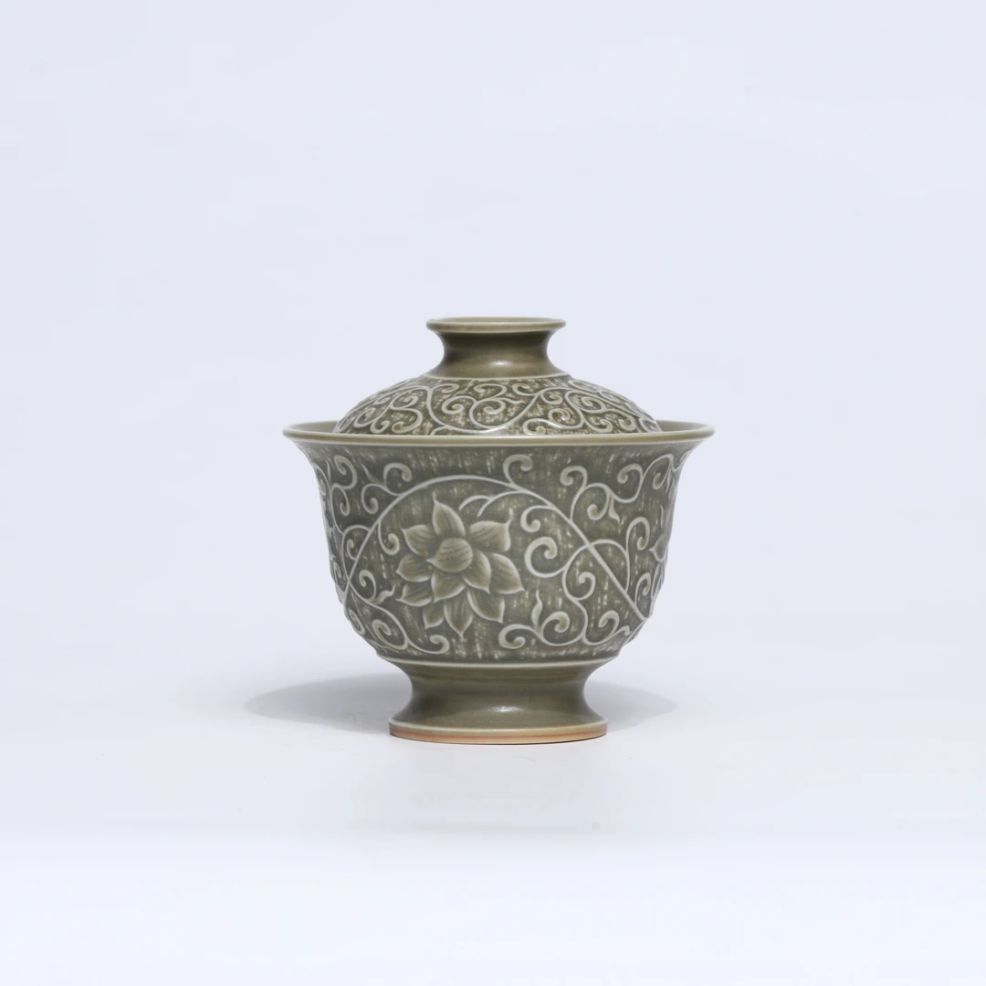 【非遗茶空间】龙泉青瓷复古浮雕缠枝莲二才盖碗  中式茶杯茶具茶器