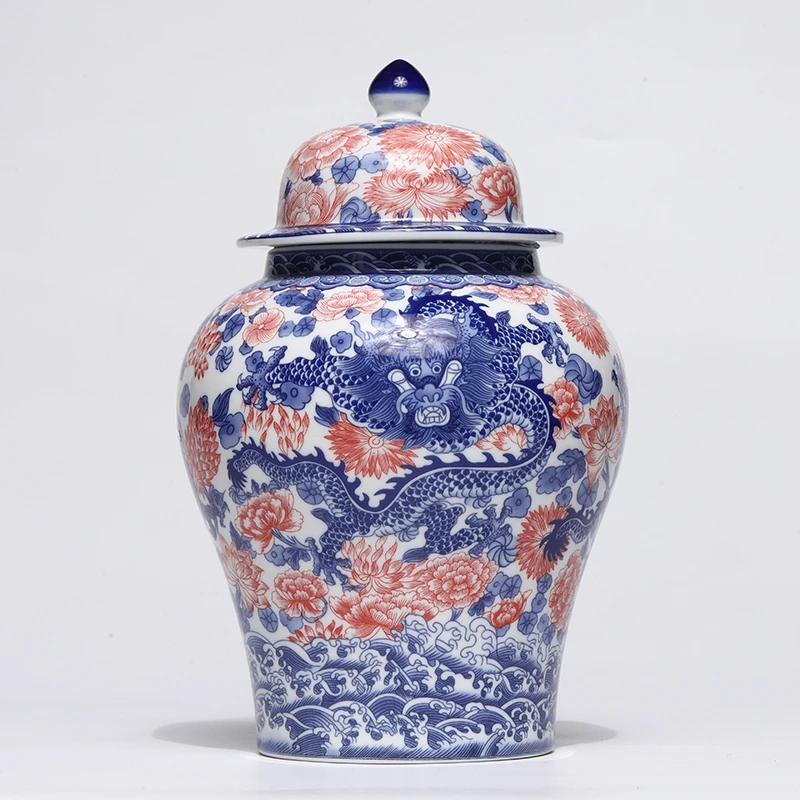 【非遗茶空间】青花釉里红龙穿牡丹中型将军罐茶叶罐 fl
