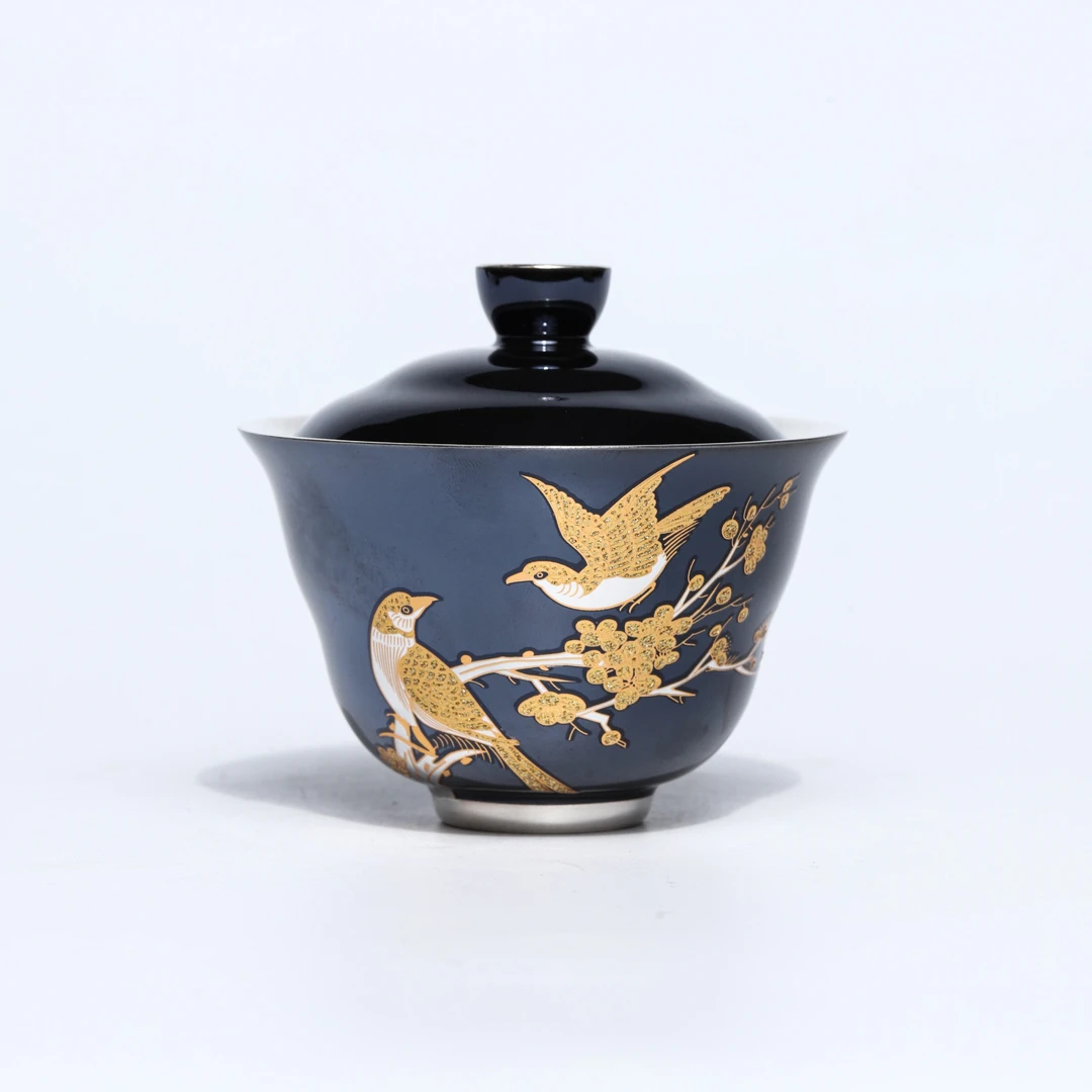 【非遗茶空间】金银错黑金黑地喜上眉梢二才盖碗DC-526中式茶具茶器