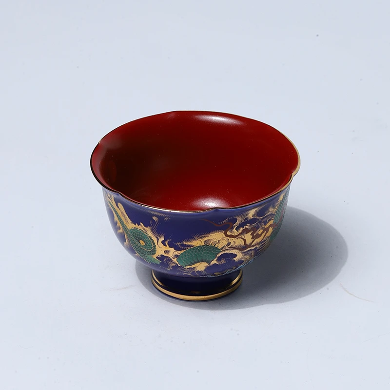 【非遗茶空间】珐琅彩蓝地青龙花瓣边高足杯 中式茶具茶器