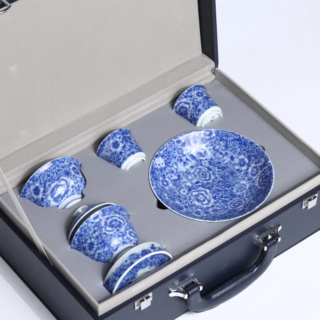 【非遗茶空间】景德镇产 繁花似锦盖碗套组（礼盒装） 中式茶具茶器