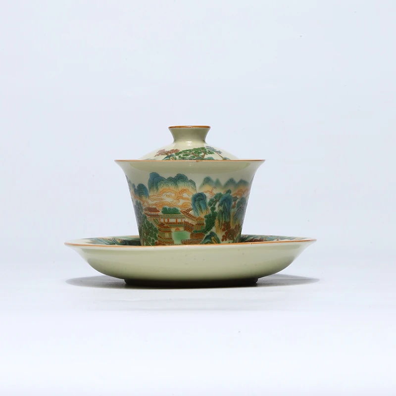 【非遗茶空间】秘黄釉五彩山水大三才盖碗dc-256  中式茶具茶器