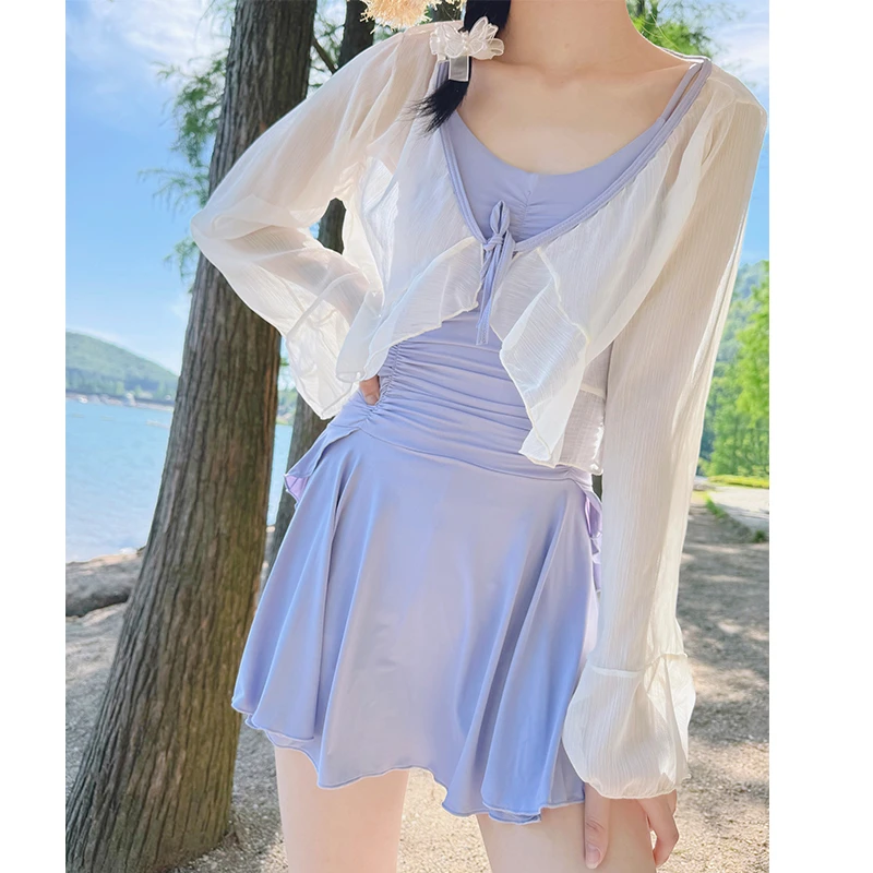 韩国ins夏季简约清新小胸保守高级感显瘦裙式连体泳衣温泉泳装女